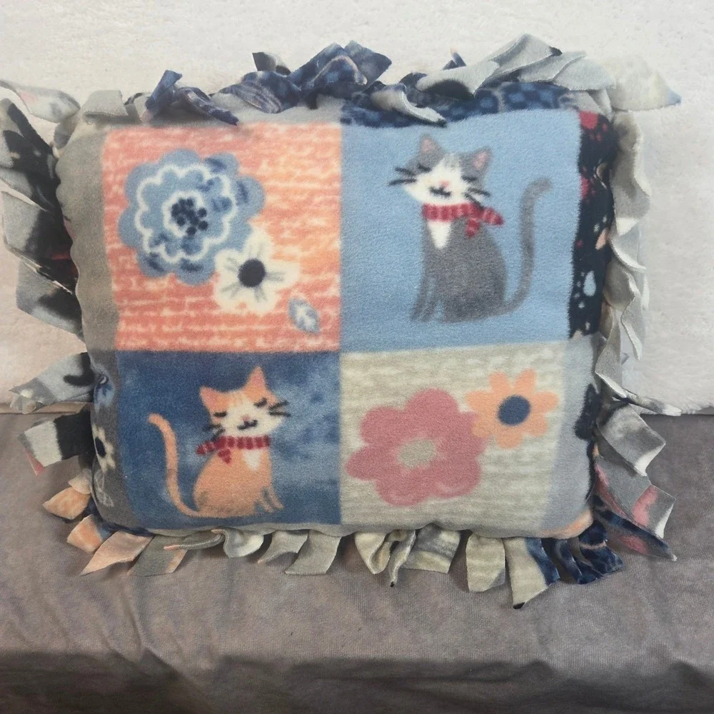 Handmade Fleece Tie Pillow Cat Floral Patchwork Print Blu Peach Decorative 14x11